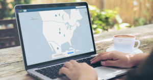 Digital illustration of VPN connection routing through global servers