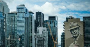 Montreal skyline featuring the Leonard Cohen mural