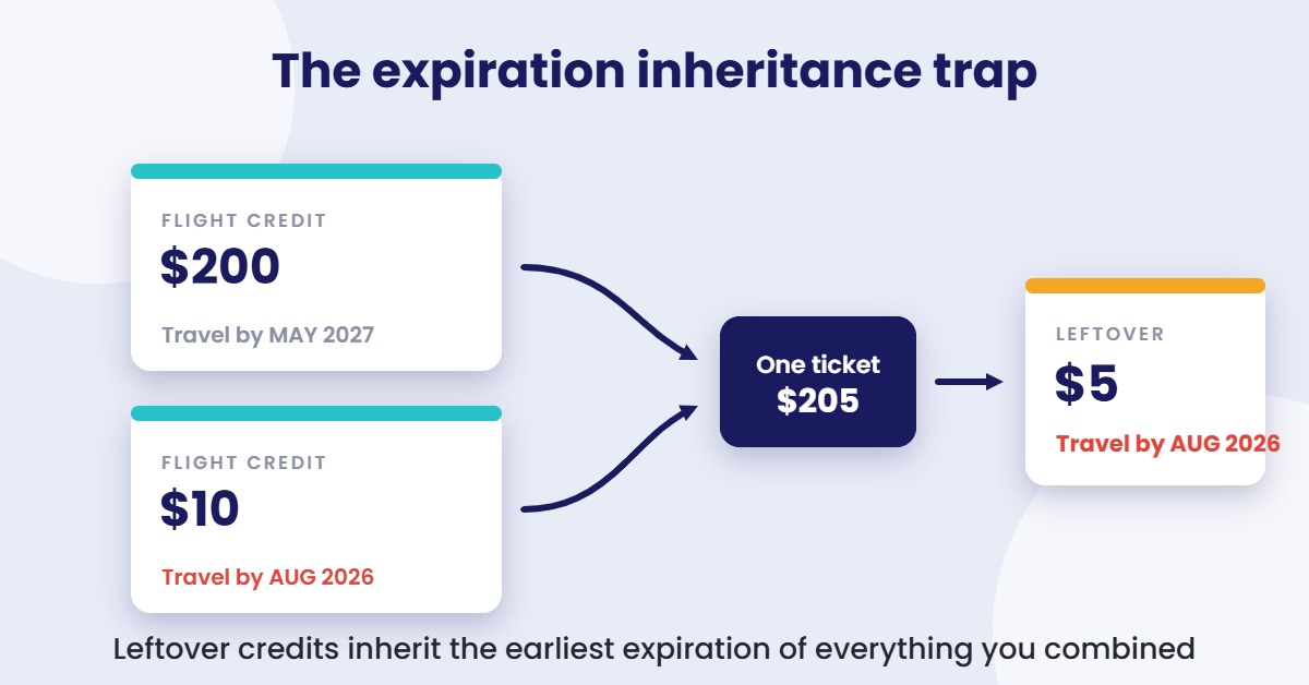 Diagram showing a leftover flight credit inheriting the earliest expiration date