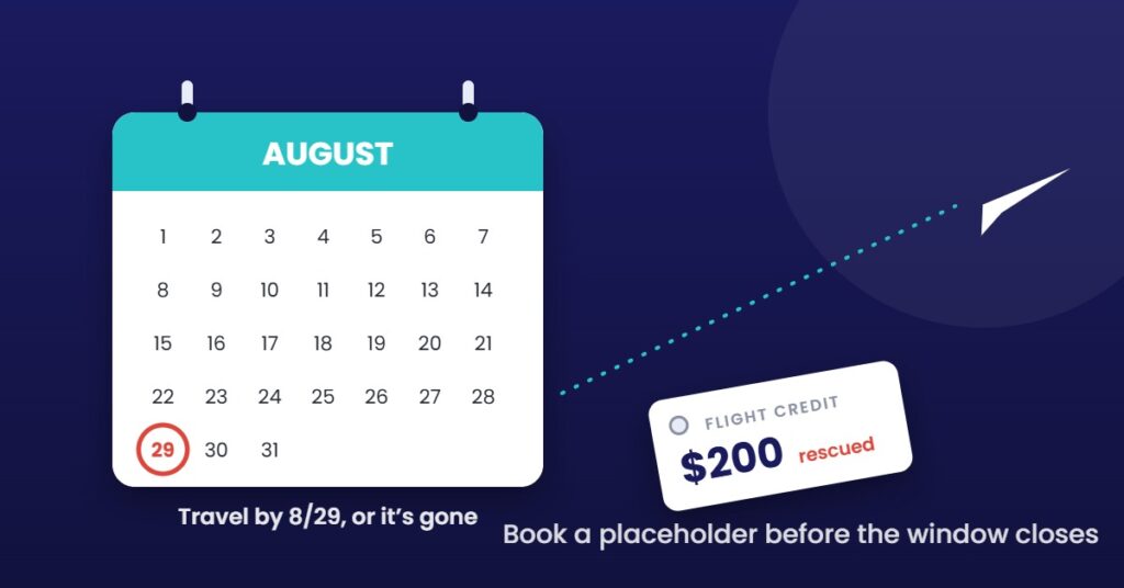 Calendar with travel-by deadline circled and a flight credit tag beside a departing plane