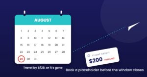 Calendar with travel-by deadline circled and a flight credit tag beside a departing plane